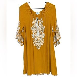 Chic Connection California Boho Embroidered Dress Top M Mustard Lace Peasant